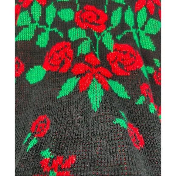 VTG G.F.C Ltd Black w/ metallic Red & Green Floral Acrylic Pullover Sweater - Picture 5 of 7